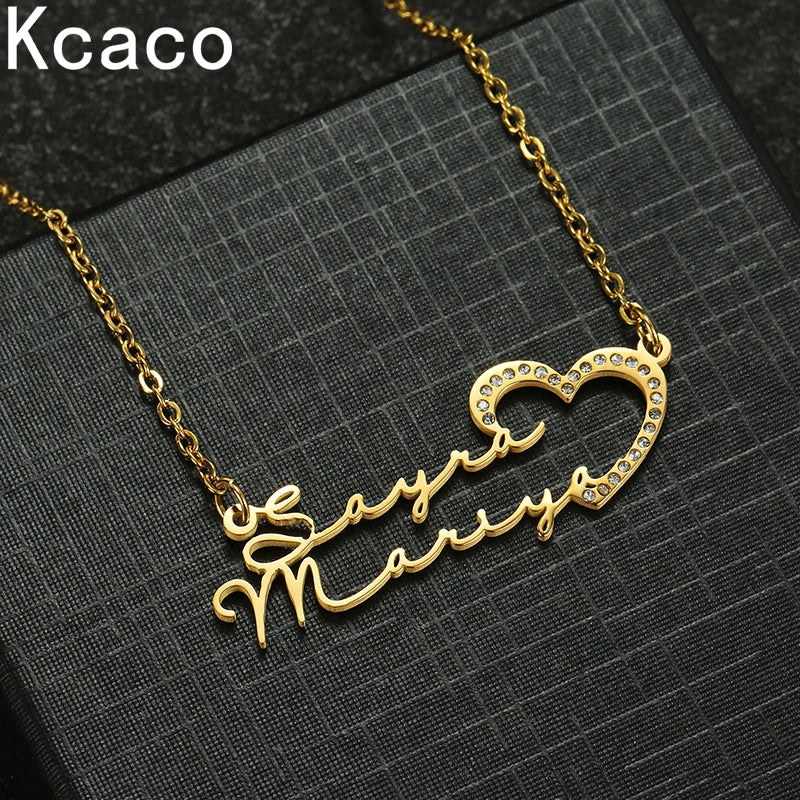 Kcaco Personalized Custom Heart Double Names Necklace Stainless Steel All Zircon Stones Pendant Chain for Couple Friends Gifts