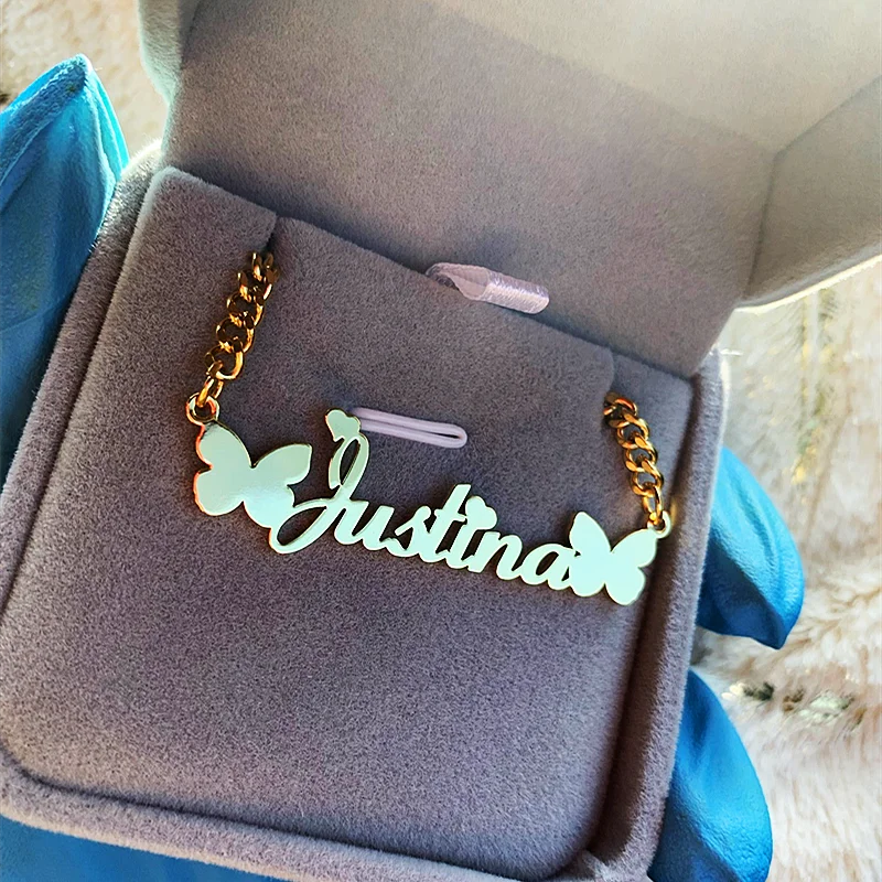 Custom Butterfly Name Necklaces Pendants Jewelry Stainless Steel   Cuban Chain Personalized Nameplate Choker Party Gift