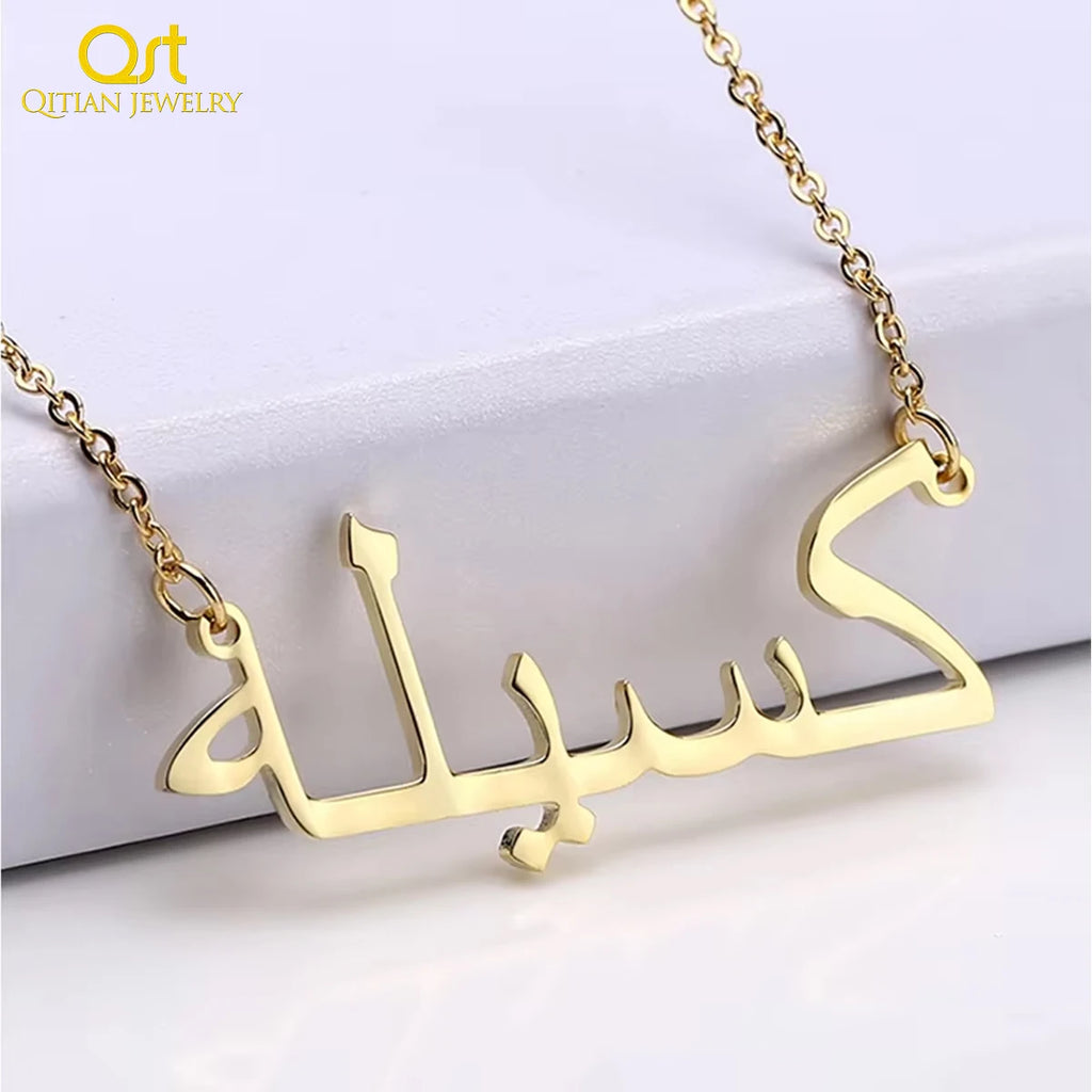 Qitian Arabic Name Necklace Personalized Nameplated Name Necklaces Stainless Steel Custom Arabic Pendants Women Choker Bijoux