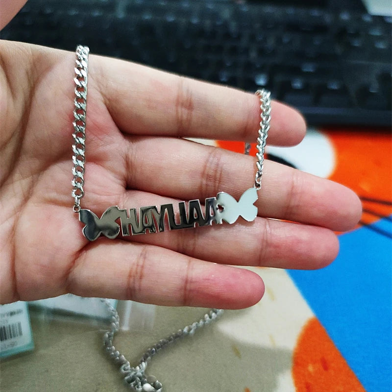 Custom Butterfly Name Necklaces Pendants Jewelry Stainless Steel   Cuban Chain Personalized Nameplate Choker Party Gift